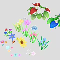 Colorful Flowering Plants With Sunflowers Pink Tulips Blue Orchids Daisies And Green Leaves