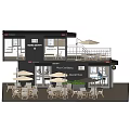 Modern Container Building Cafe with Outdoor Tables Chairs Umbrellas and Balcony