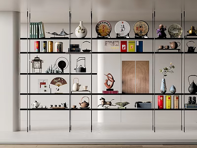Stylish Decorative Ornament Set Arranged On Glass Shelves With Vases Plates And Figurines 3d model