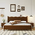 Wooden Double Bed with Cozy Bedding White Brown Linens Wall Art Nightstand and Hanging Lamp