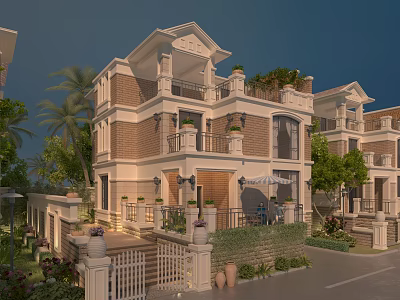 Elegant Detached Villa Exterior Design With Balconies Palm Trees And Landscaped Garden 3d model