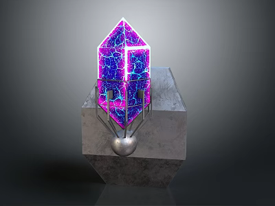 3D Geometric Structure With Purple Pink Cracked Texture On Gray Base And Silver Sphere 3d model