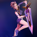 3D Female Character With Sporty Outfit Holding Weapon In Jumping Pose Front Back Views