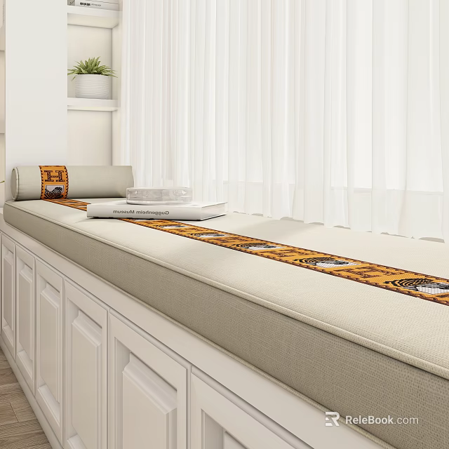 Bright White Window Bench With Beige Cushion Decorative Patterned Strip And Potted Plant 3d model 
