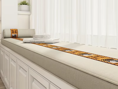 Bright White Window Bench With Beige Cushion Decorative Patterned Strip And Potted Plant 3d model