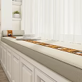 Bright White Window Bench With Beige Cushion Decorative Patterned Strip And Potted Plant