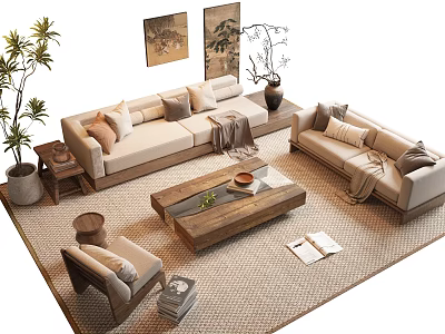 Modern Sofa Coffee Table Set With Potted Plants Decorative Paintings And Area Rug 3d model