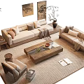 Modern Sofa Coffee Table Set With Potted Plants Decorative Paintings And Area Rug