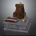Stone Platform With Brown Backpack Decorative Book And Potion Bottle