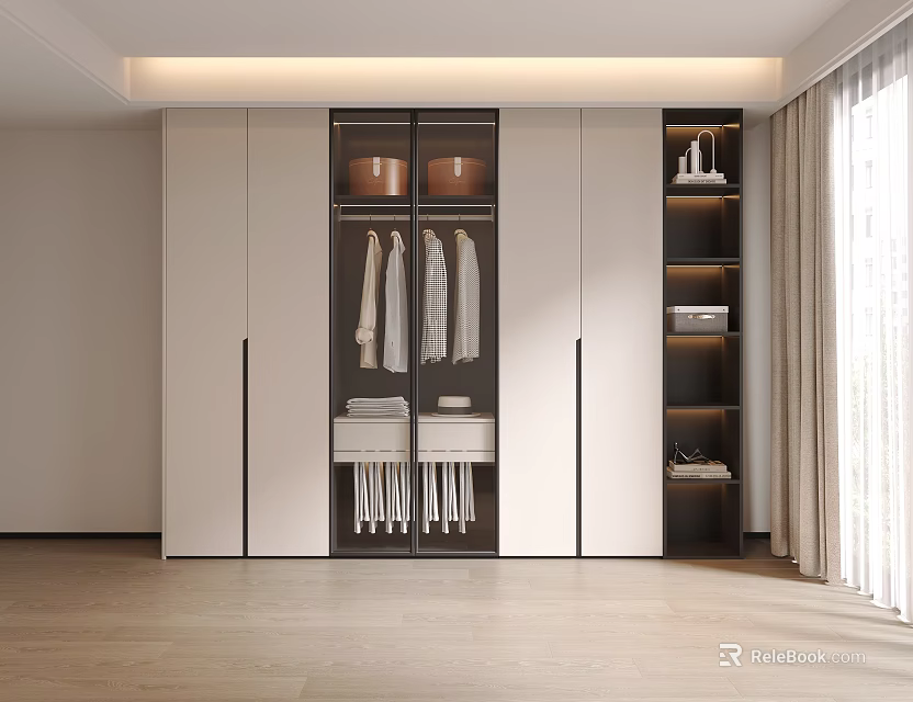 Modern Wardrobe Interior Design With Glass Doors Shelves And Hanging Clothes 3d model 