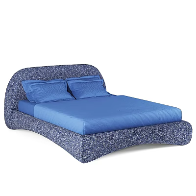Double Bed with Curved Blue Patterned Frame and Blue Mattress Pillows 3d model