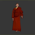 Game Movie Character Standing in Red Robe With Yellow Undergarment Bald Head on Gray Background