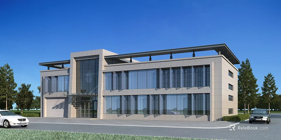 Modern Office Building Exterior Design With Glass Windows Stone Facade And Clear Blue Sky 3d model 