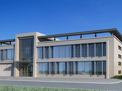 Modern Office Building Exterior Design With Glass Windows Stone Facade And Clear Blue Sky 3d model
