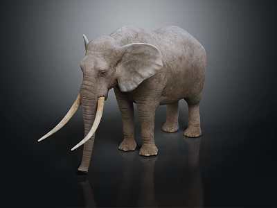 Realistic Gray Elephant With Long White Tusks Standing On Dark Background 3d model