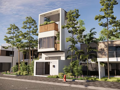 Modern Detached Villa Exterior Design With Wooden Balcony Large Windows And Greenery 3d model