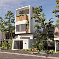 Modern Detached Villa Exterior Design With Wooden Balcony Large Windows And Greenery