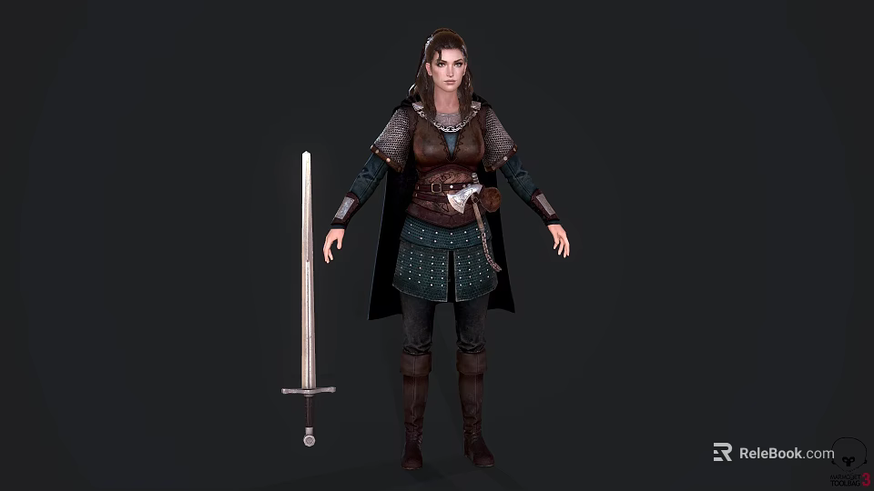 Medieval Female Game Movie Character In Leather Armor With Long Sword And Cloak 3d model 