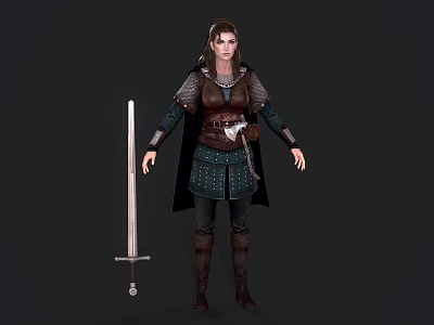 Medieval Female Game Movie Character In Leather Armor With Long Sword And Cloak 3d model