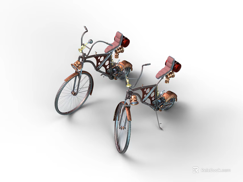 Stylish Retro Bicycles With Red Seats Copper Accents And Unique Frame Design 3d model 