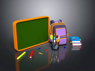 Essential School Supplies On Desk With Green Chalkboard Purple Backpack Pencils Highlighters Books And Stationery 3d model