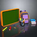 Essential School Supplies On Desk With Green Chalkboard Purple Backpack Pencils Highlighters Books And Stationery