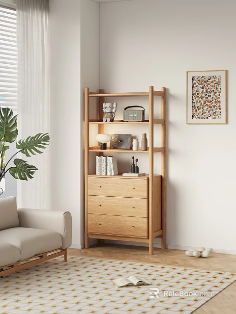 Wooden Chest of Drawers with Shelf Unit Monstera Plant Books and Decor in Minimalist Room 3d model 