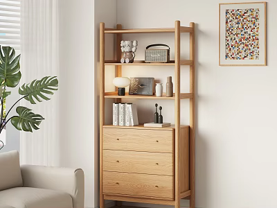 Wooden Chest of Drawers with Shelf Unit Monstera Plant Books and Decor in Minimalist Room 3d model