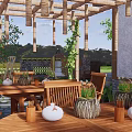 Rural Landscape With Courtyard Stone Path Vegetable Gardens Pergola And Leisure Seating