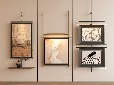 Modern Pendant Light Above Wall Decor With Framed Paintings Metal Brackets And Vase On Shelf 3d model