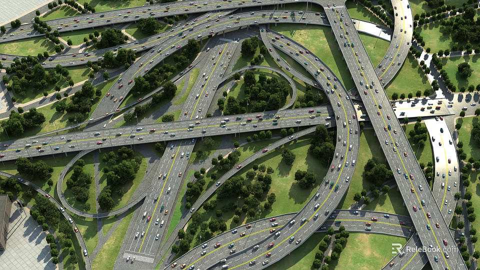 Complex Highway Bridge Interchange With Multiple Roads Green Surroundings And Moving Traffic 3d model
