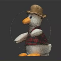 Wooden Chair With Stuffed Duck Toy Wearing Straw Hat And Plaid Vest