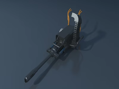 Black Machine Gun With Orange Accents Ammo Chain And Long Barrel 3d model