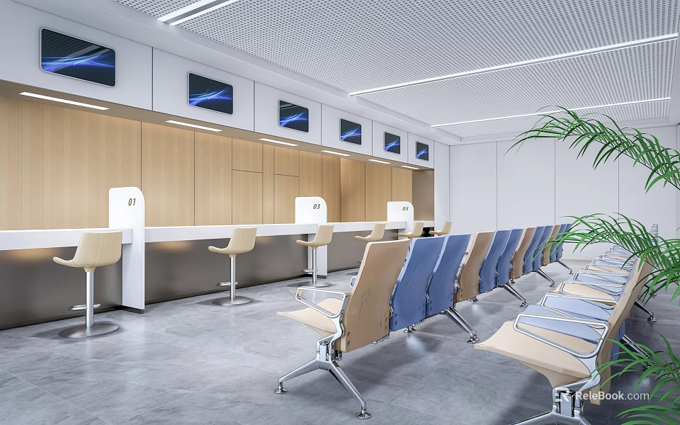 Modern Public Service Hall Interior With Wooden Counters Seats Screens And Plants 3d model 