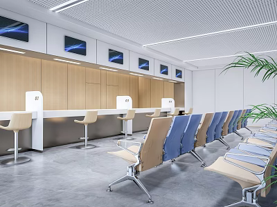 Modern Public Service Hall Interior With Wooden Counters Seats Screens And Plants 3d model