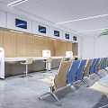 Modern Public Service Hall Interior With Wooden Counters Seats Screens And Plants