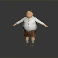 Chubby Cartoon Man In White Shirt Brown Shorts With Arms Outstretched On Gray Background