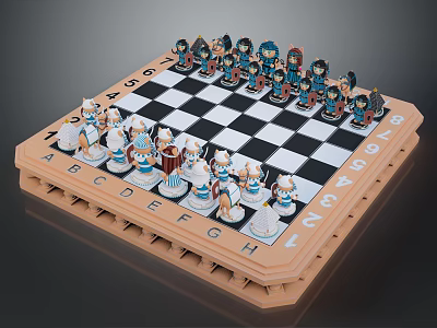 Detailed Hand Carved Chess Pieces On Wooden Chessboard With Intricate Design 3d model