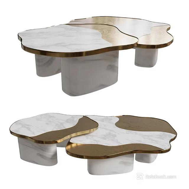 Elegant Modern Coffee Table Combination With Marble Tops And Gold Metal Frames 3d model 