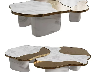 Elegant Modern Coffee Table Combination With Marble Tops And Gold Metal Frames 3d model