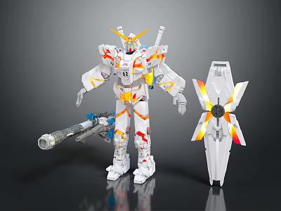 White Robot Model With Orange Yellow Accents And Wing Accessory 3d model