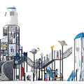 Outdoor Garden Play Structures with Rocket Shaped Tower Slides and Planet Decorations 3d model