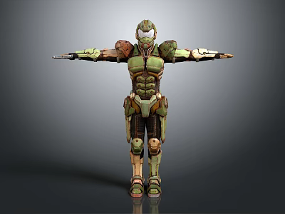 Futuristic Armored Warrior With Green Brown Mechanical Armor And Outstretched Arms 3d model