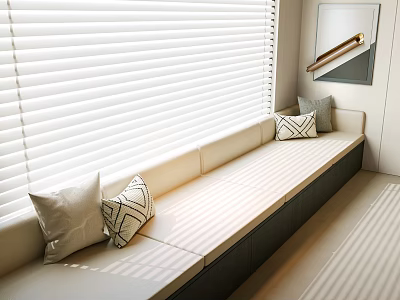 Elegant Light Colored Window Seat With Cushioned Surface Throw Pillows And Blinds 3d model
