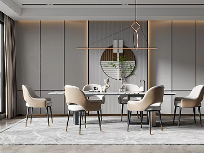 Modern Elegant Restaurant Interior With Dining Table Chairs Pendant Light Circular Mirror And Green Plant 3d model