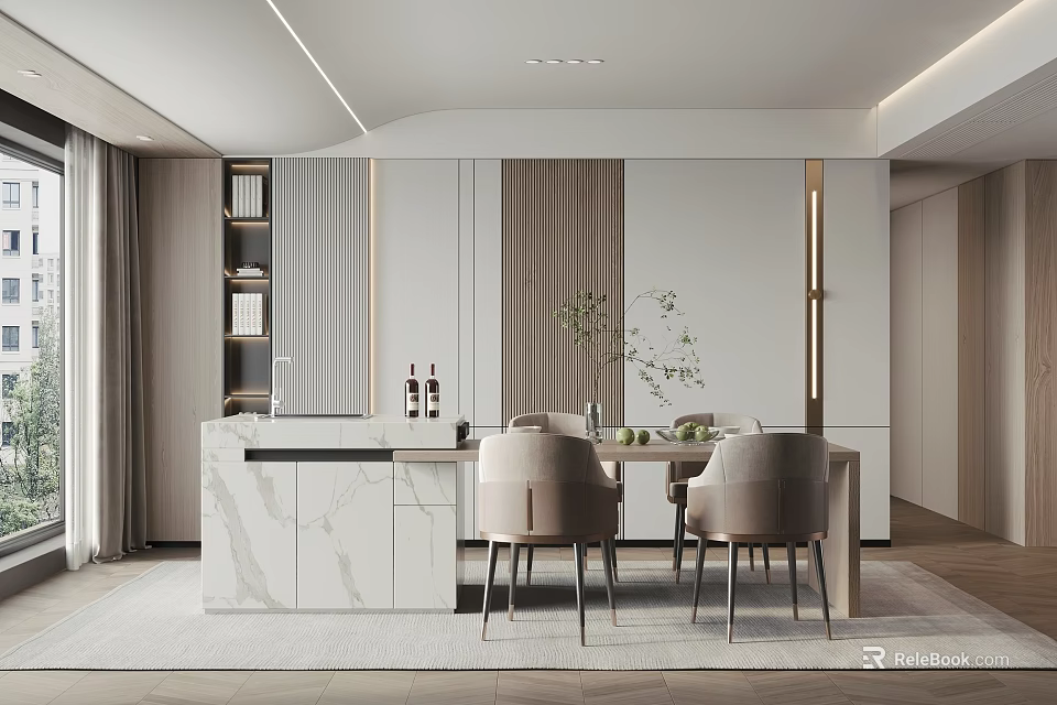 Modern Restaurant Interior Design With Marble Dining Table Gray Chairs Potted Plant And Cabinets 3d model 