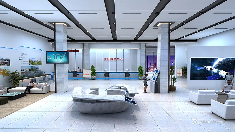 Modern Government Service Center Hall With Service Counter Information Displays And Seating Area 3d model 