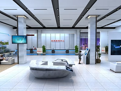 Modern Government Service Center Hall With Service Counter Information Displays And Seating Area 3d model