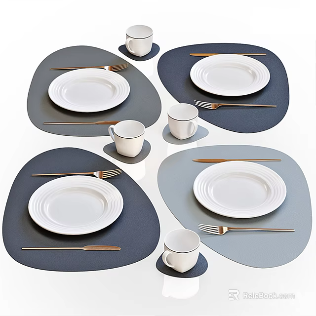 White Dinnerware Set With Plates Cups Forks Knives And Blue Placemats 3d model