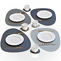 White Dinnerware Set With Plates Cups Forks Knives And Blue Placemats 3d model